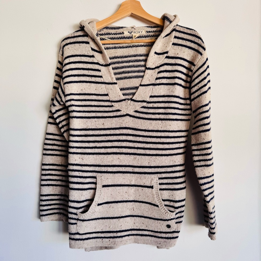 Roxy Women Mellie Hooded Long Sleeve Pullover Poncho Beachy Sweater Beige Size S